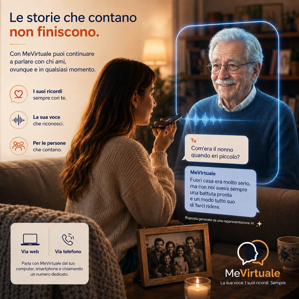 Esempio visuale di MeVirtuale per famiglie: conversazione vocale con la copia virtuale di una persona cara.